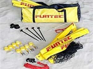 Funtec portable volleyball set with net, pegs, boundary lines, and carry bag for outdoor games and events.