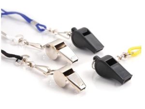 Large whistles with attached lanyards