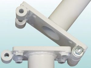Close-up of a white connector plate and pole assembly, showcasing mounting holes and hardware for sturdy attachment.