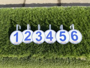 Set of numbered markers 1 to 6 on green artificial turf, designed for sports or training activities.