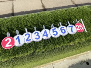 Set of numbered sports markers on green artificial grass, used for athletics or training activities.