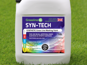 10L container of Grassline SYN-TECH synthetic grass line marking paint for artificial grass and sports surfaces.